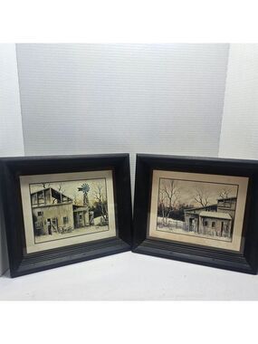 Vintage Pair Robert Nidy Old Country Barn Wood Black Framed Prints